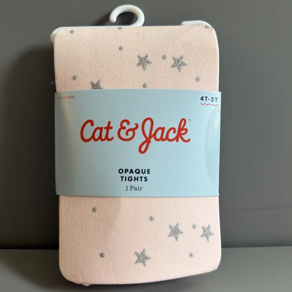 Cat & Jacks  Toddler Girls' Opaque Tights Pink with Silver Stars Size 4T-5T